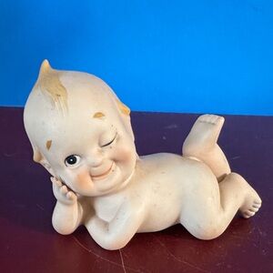 Vtg Lefton Bisque Kewpie Doll Figurine Blue Wings Lying Down